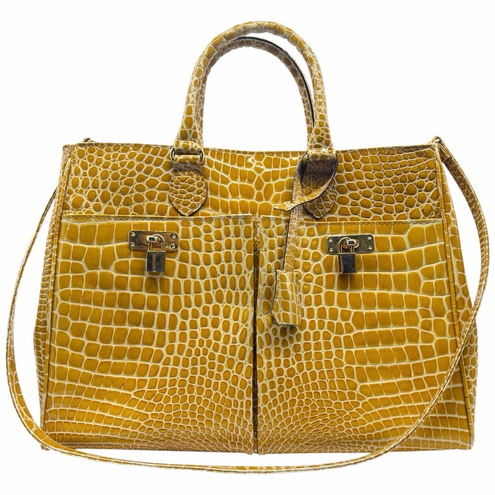 Tiziana Yellow Crocodile Patent Leather Convertible Tote Handbag